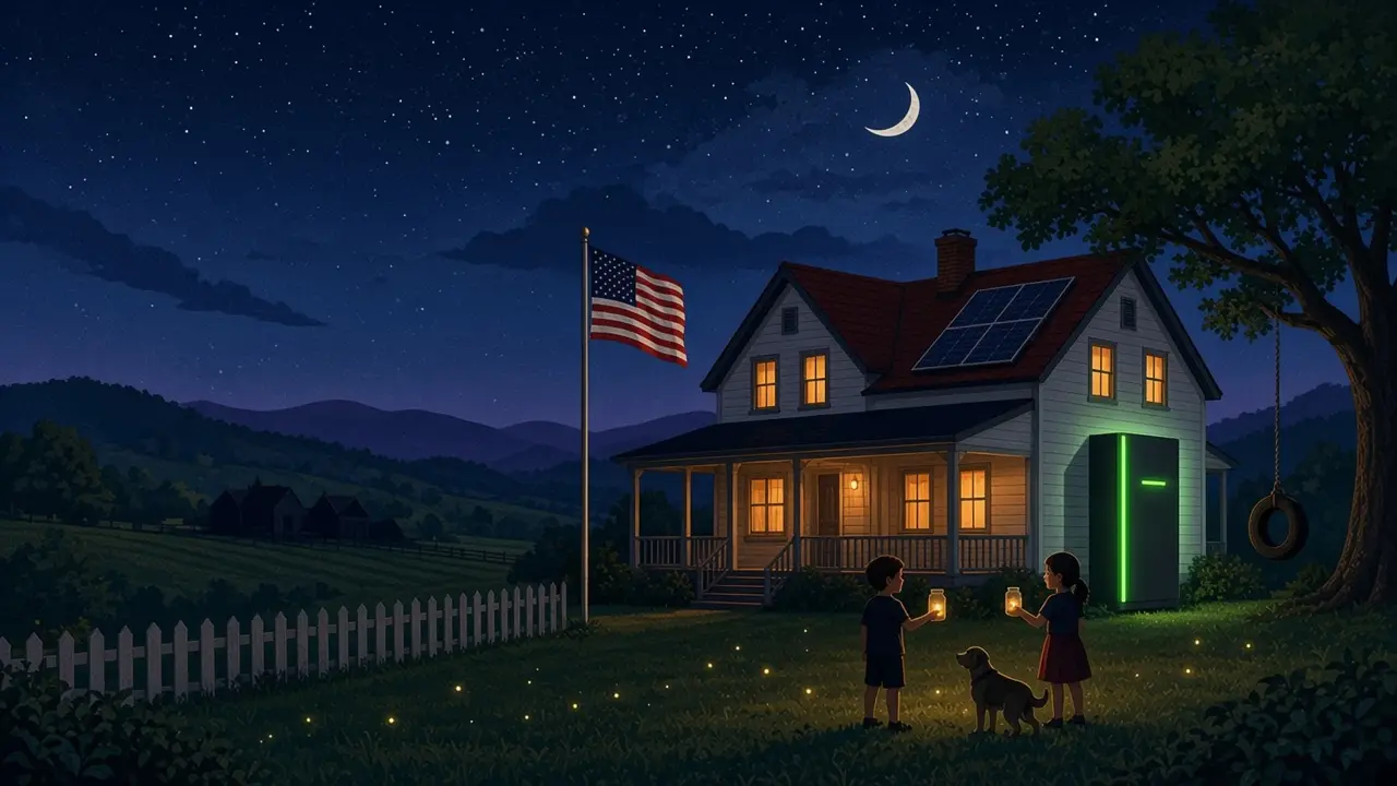 Illustration of a farmhouse at night during a power outage, windows lit by its rooftop solar panels and glowing green home battery while the neighboring farm sits dark, as children with lanterns play near the American flag